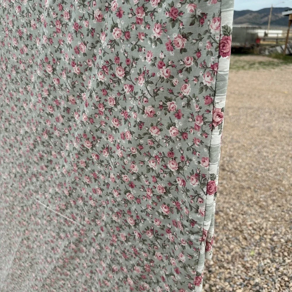 Vintage Reversible Rose Floral Sage Green Hand Tied Quilt Cottagecore 84x92